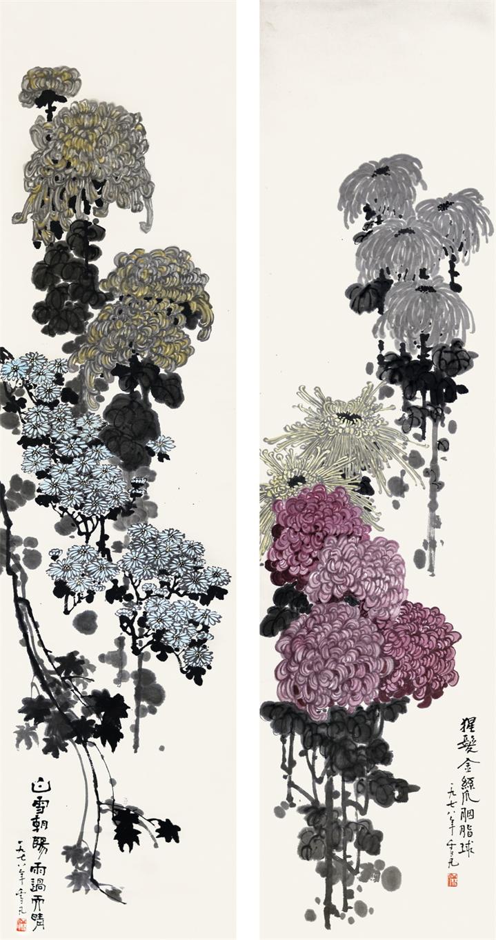 菊花二条屏
